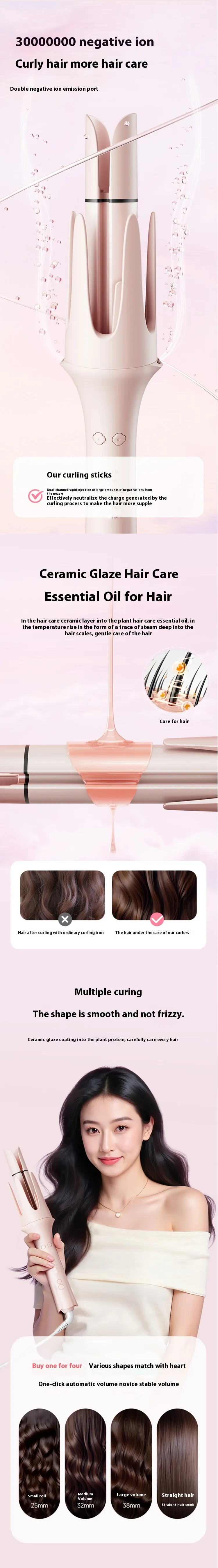 4 In 1 Automatic Curling Iron Egg Roll 3 Levels Heating Adjustable 38mm One-Button Big Wave Curling Iron Hair Straightener