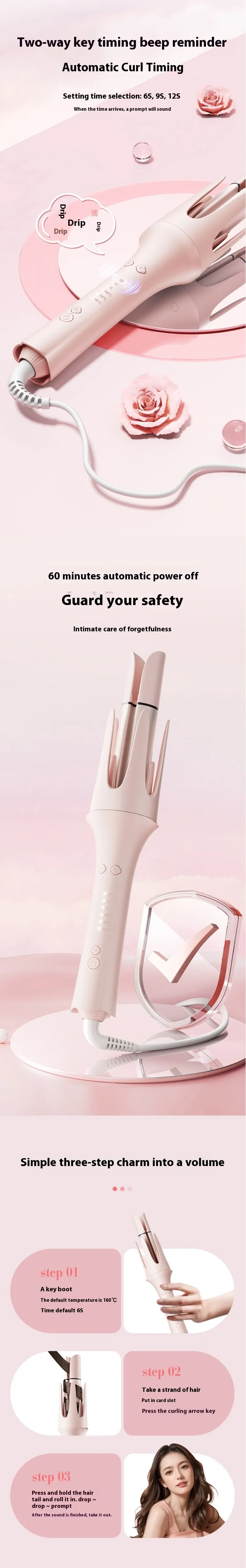 4 In 1 Automatic Curling Iron Egg Roll 3 Levels Heating Adjustable 38mm One-Button Big Wave Curling Iron Hair Straightener