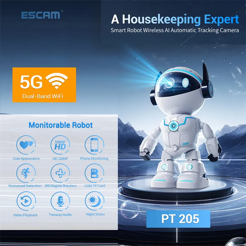 ESCAM PT205 5G Dual Wifi Smart Robot Wireless PTZ AI Automatic Tracking Motion Detection Camera Two-way Audio Night vision Hieasy APP
