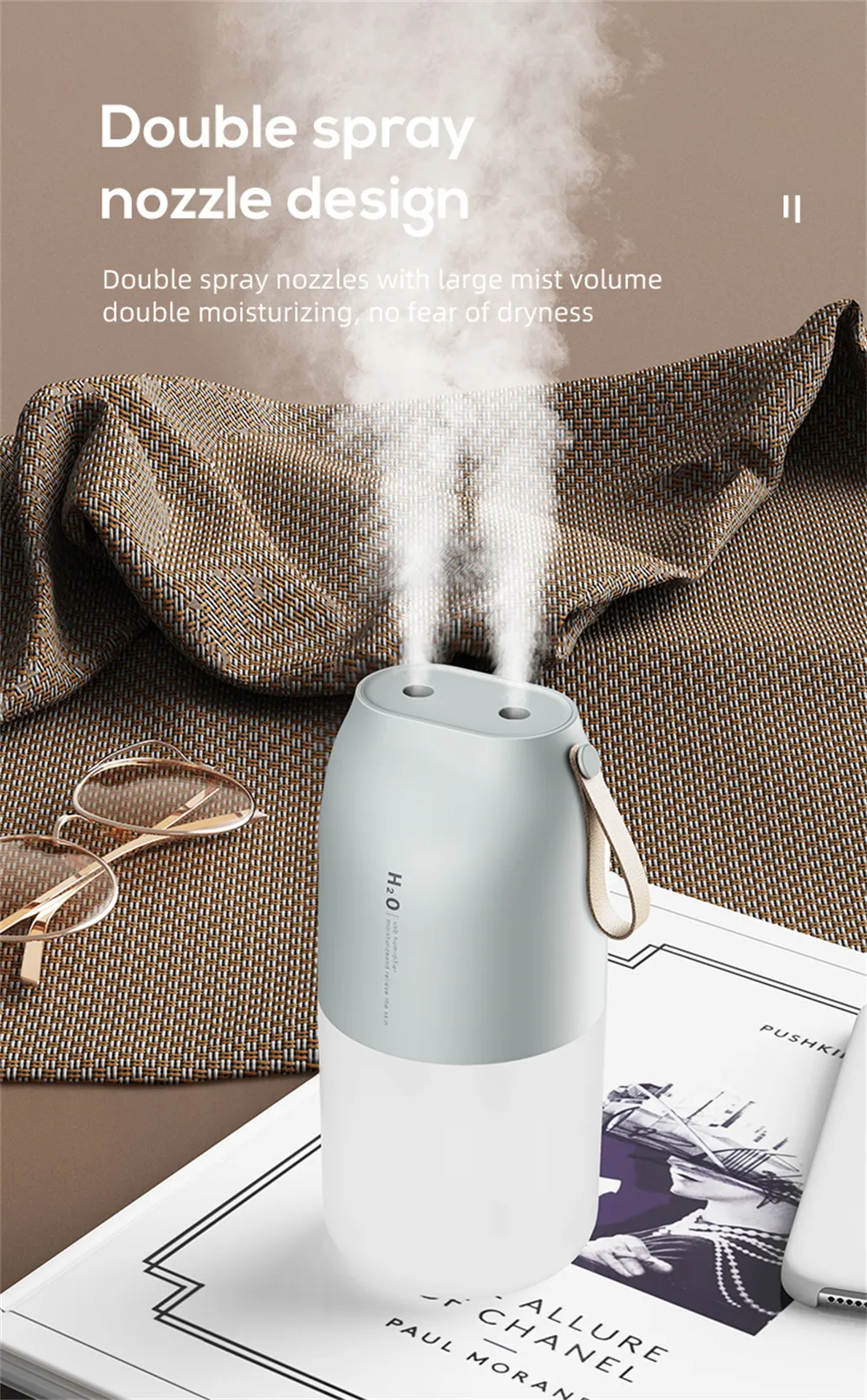 Tevorex 300ml Dual Sprayer Air Humidifier 2000mAh USB Rechargeable Battery Wireless Aroma Mist Maker Fogger Diffuser Light Umidificador