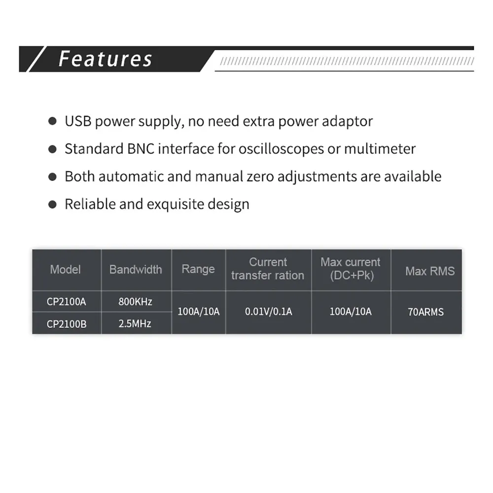 Micsig CP2100A AC DC Current Probe DC to 800KHz 10A 100A High Precision Signal Measurement CAT III 300V CAT II 600V Wide Bandwidth