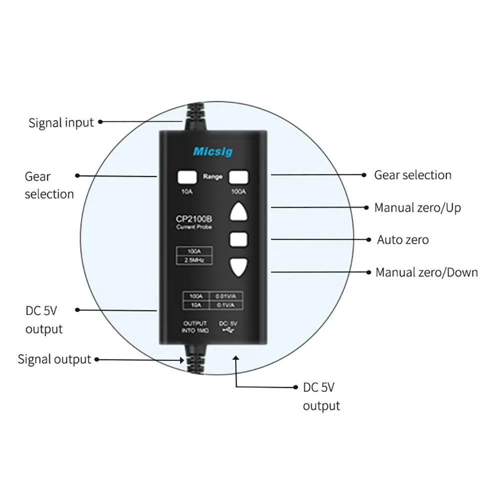Micsig CP2100A AC DC Current Probe DC to 800KHz 10A 100A High Precision Signal Measurement CAT III 300V CAT II 600V Wide Bandwidth