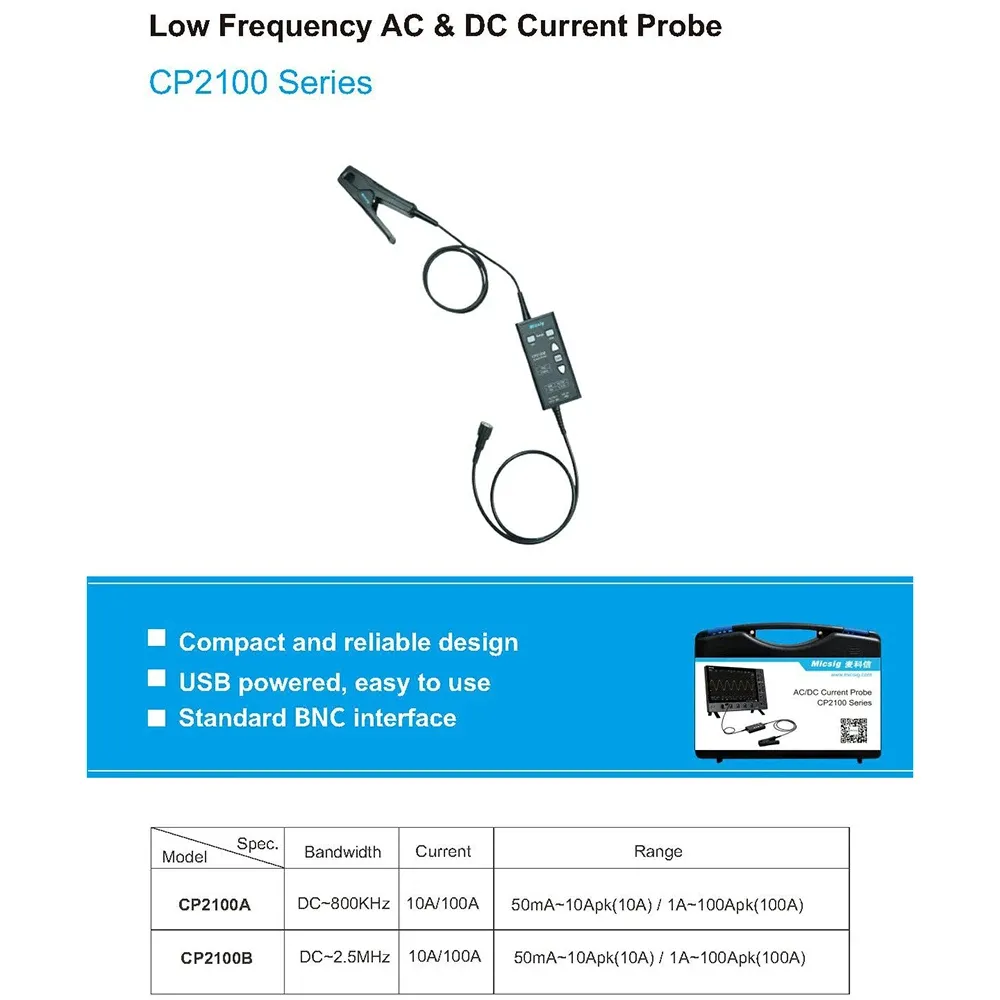 Micsig CP2100A AC DC Current Probe DC to 800KHz 10A 100A High Precision Signal Measurement CAT III 300V CAT II 600V Wide Bandwidth