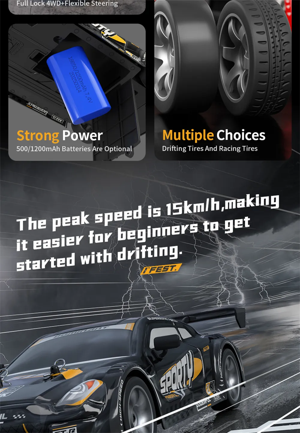 HW Y1806 RTR 1/16 2.4G 4WD Drift RC Car High Speed Racer LED Light Radio Control On-Road Racing Vehicle Model Boys Gifts Toys