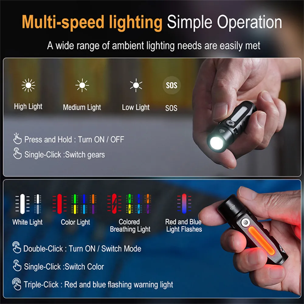 LED Mini Waterproof USB-C Rechargeable Flashlight with Clip & Magnetic Metal Conveniently Flashlight Suitable for Hiking Camping