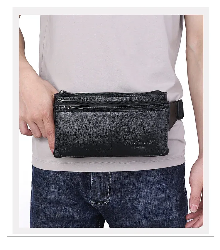 Ekphero Men Genuine Leather Waist Bag Large Capacity Three-layer Zipper Single Shoulder Bag Multifunctional Mini Chest Bag