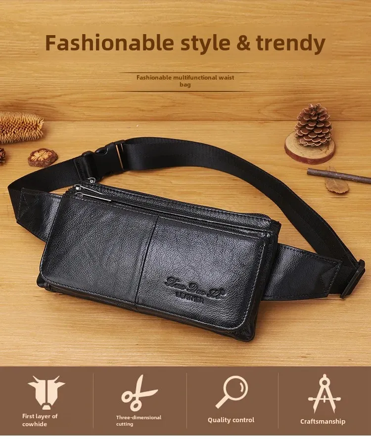 Ekphero Men Genuine Leather Waist Bag Large Capacity Three-layer Zipper Single Shoulder Bag Multifunctional Mini Chest Bag