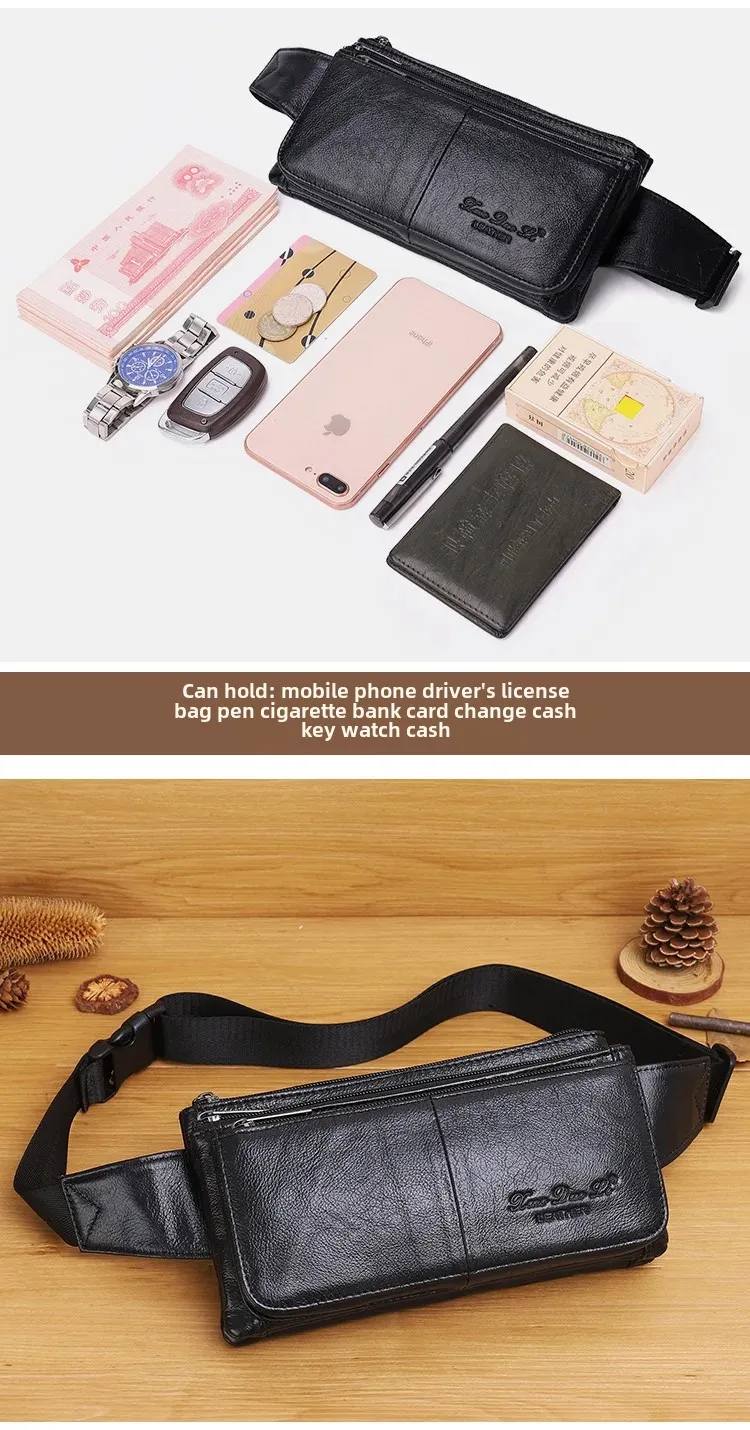 Ekphero Men Genuine Leather Waist Bag Large Capacity Three-layer Zipper Single Shoulder Bag Multifunctional Mini Chest Bag