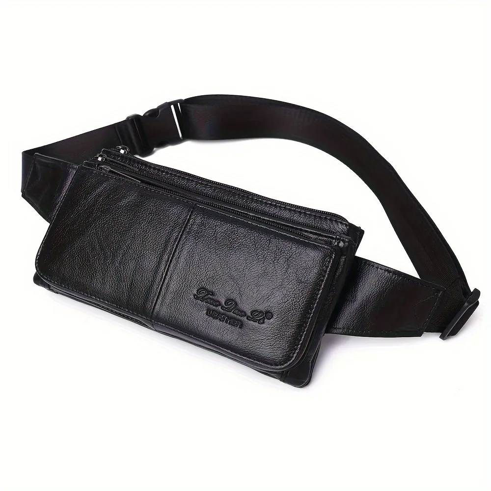 Ekphero Men Genuine Leather Waist Bag Large Capacity Three-layer Zipper Single Shoulder Bag Multifunctional Mini Chest Bag