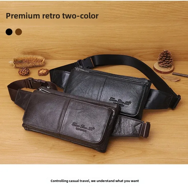 Ekphero Men Genuine Leather Waist Bag Large Capacity Three-layer Zipper Single Shoulder Bag Multifunctional Mini Chest Bag