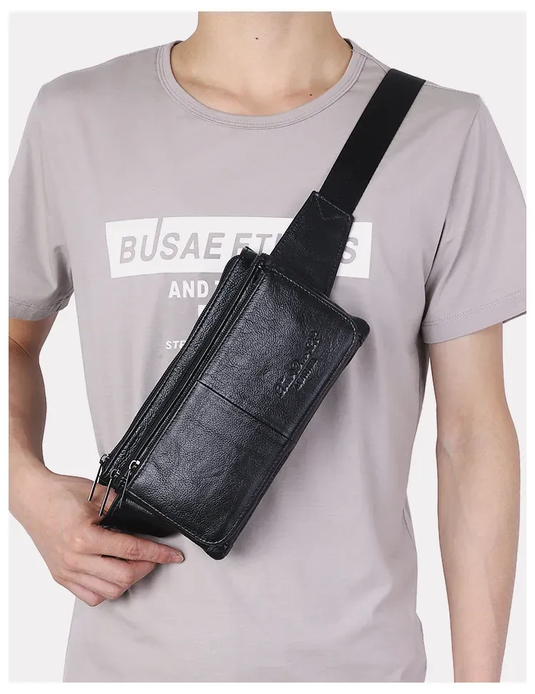 Ekphero Men Genuine Leather Waist Bag Large Capacity Three-layer Zipper Single Shoulder Bag Multifunctional Mini Chest Bag