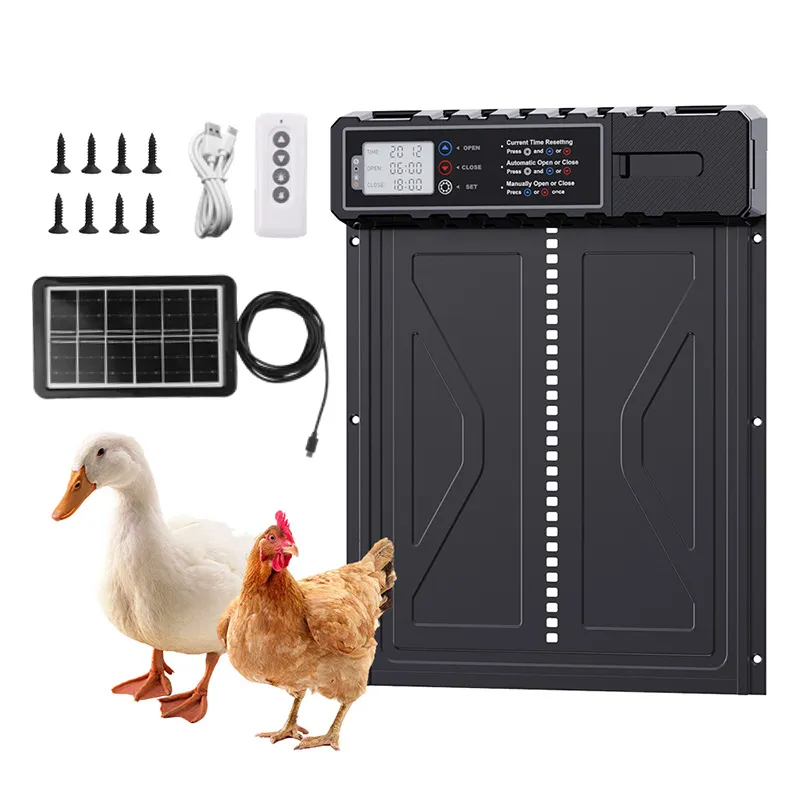 自動鶏小屋ドア 高強度アルミ合金 防水 ソーラーパワー 大型パネル 鶏 アヒル ガチョウ用 簡単設置 3つの操作モード 家禽の出入りに便利