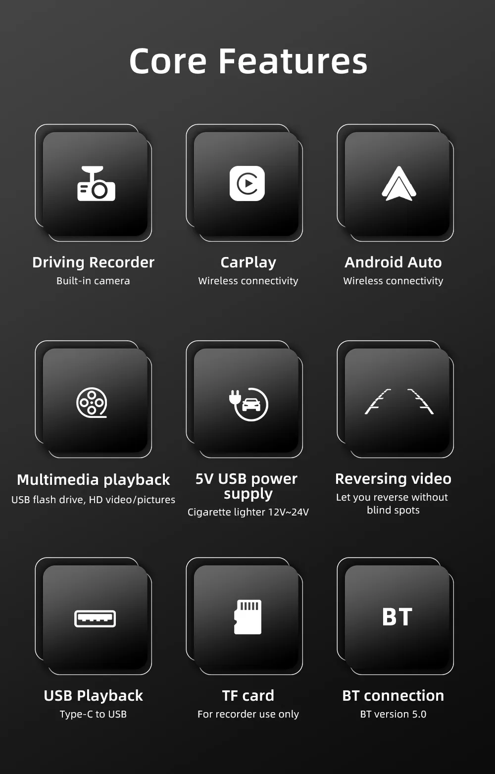 Universal 7 inch Dash Cam Car DVR Multimedia Video Player Wireless Carplay & Android Auto Driving Recorder Touch Screen BT Universal 7 inch Dash Cam Car DVR Multimedia Video Player Wireless Carplay & Android Auto Driving Recorder Touch Screen BT