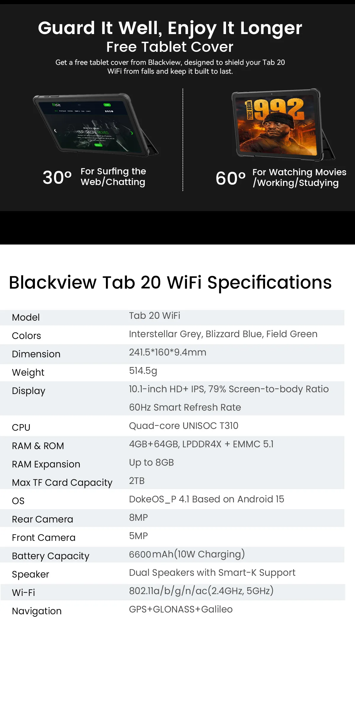 Blackview Tab 20 WiFi UNISOC T310 Quad Core 4GB RAM+8GB Virtual RAM 64GB ROM 10.1 Inch Android 15 Tablet PC Blackview Tab 20 WiFi UNISOC T310 Quad Core 4GB RAM+8GB Virtual RAM 64GB ROM 10.1 Inch Android 15 Tablet PC