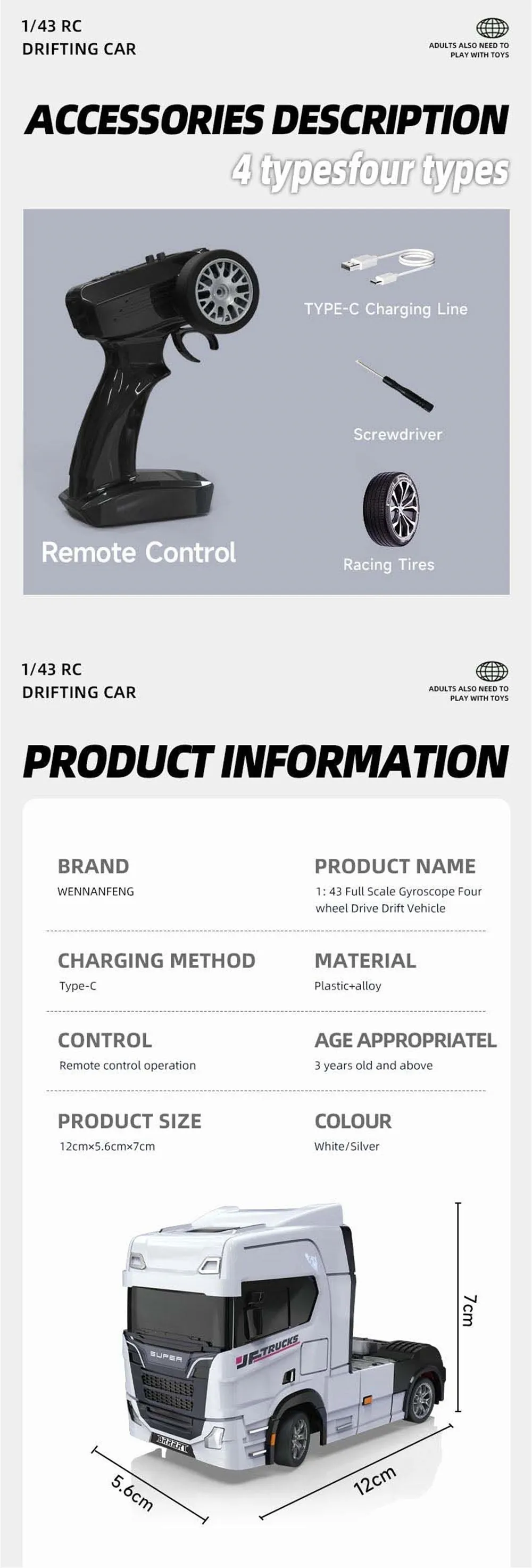 WENNANFENG BRRRRT S917 RTR 1/43 2.4G 4WD Mini RC Car Tractor Semi Truck Built-In Gyro Full Proportional Drift Dual Speed LED Lights Racing Vehicles Models Engineering Remote Control Toys