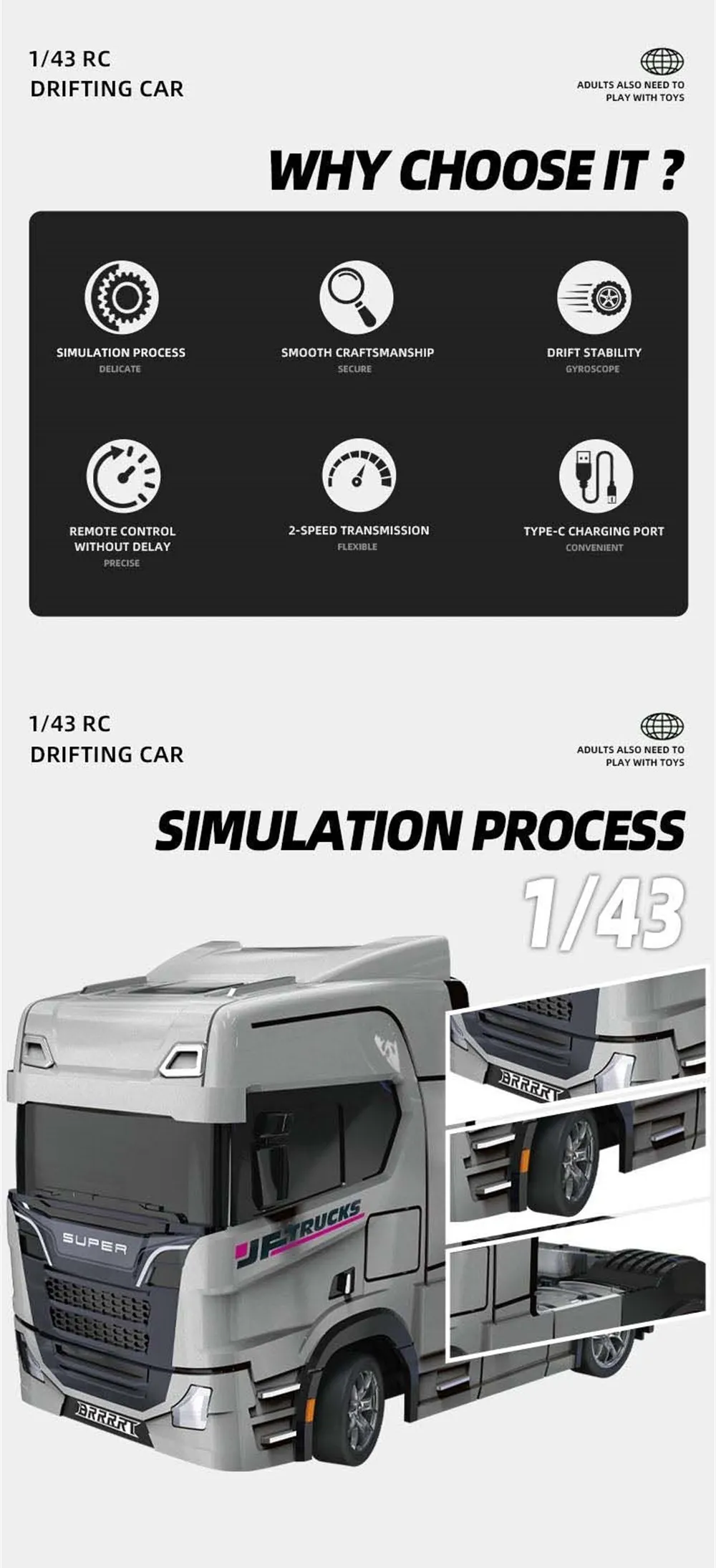 WENNANFENG BRRRRT S917 RTR 1/43 2.4G 4WD Mini RC Car Tractor Semi Truck Built-In Gyro Full Proportional Drift Dual Speed LED Lights Racing Vehicles Models Engineering Remote Control Toys