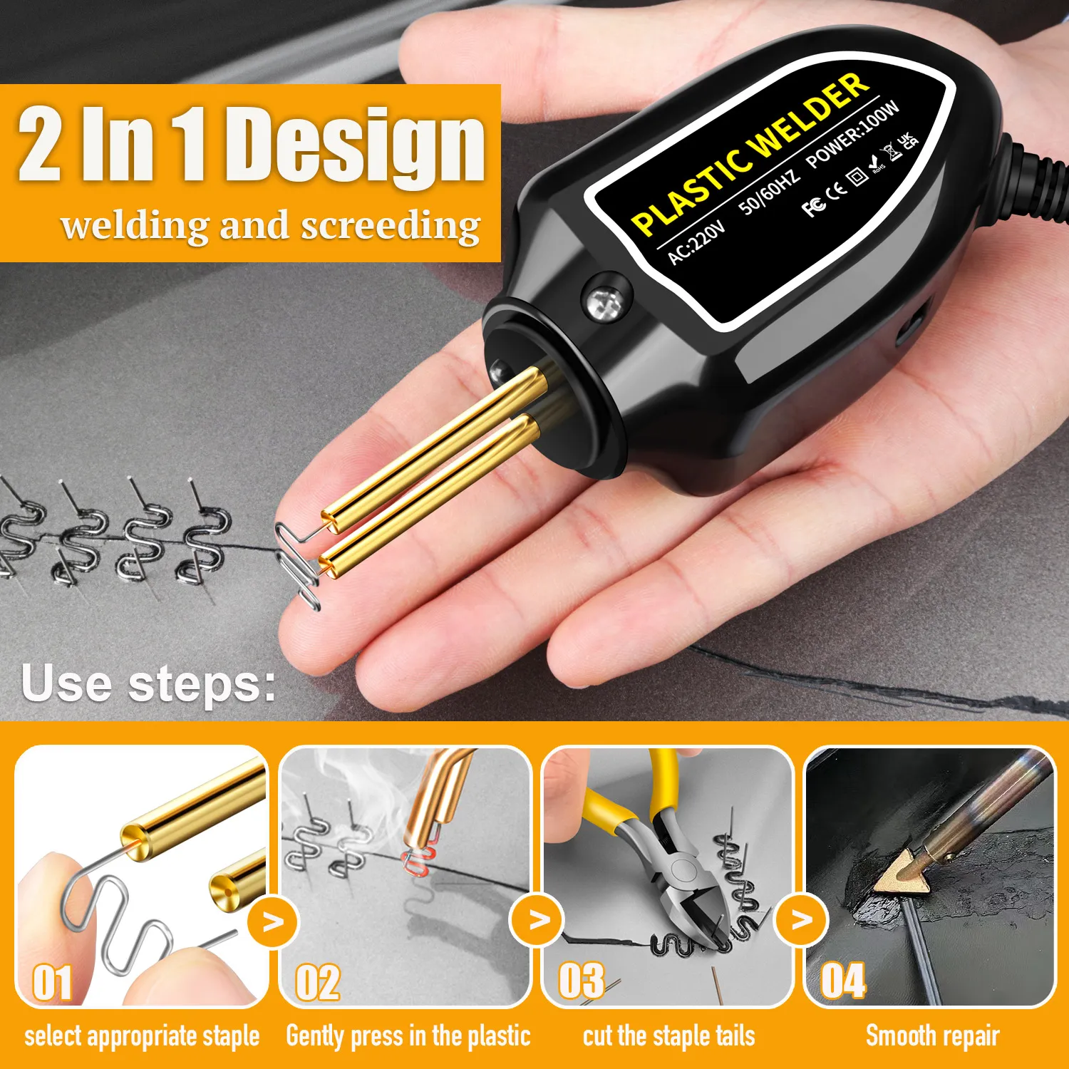 Plastic Welder 100W Portable Welding Machine Quick Heating Repair Tool for Bumpers Dashboards Plastic Cracks with 200 Hot Staples LED Indicator Compact Design