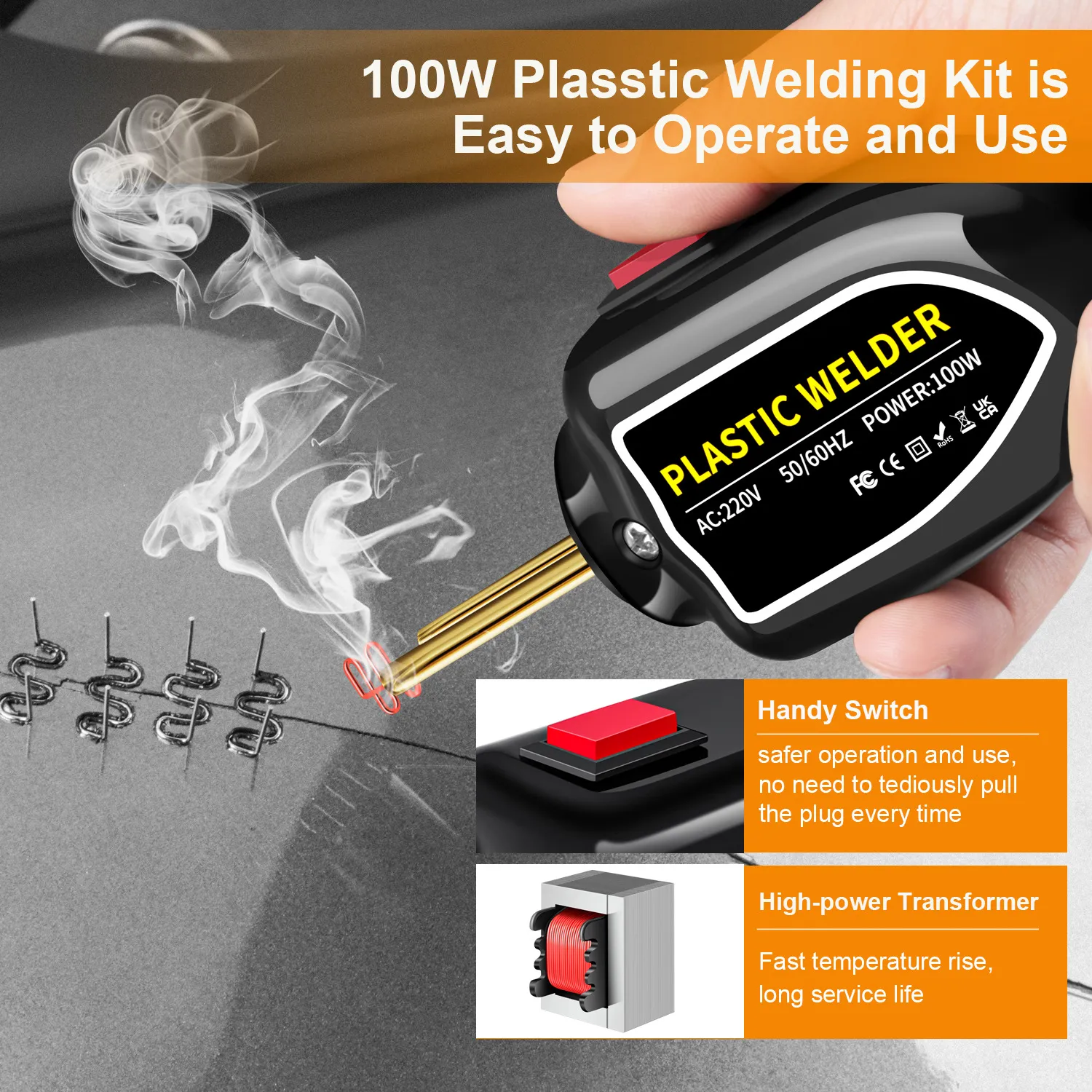 Plastic Welder 100W Portable Welding Machine Quick Heating Repair Tool for Bumpers Dashboards Plastic Cracks with 200 Hot Staples LED Indicator Compact Design