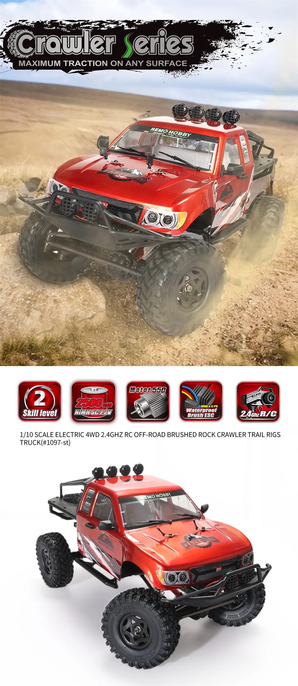 Remo Hobby 1097-ST RTR 1/10 2.4G 4WD RC Car Rock Crawler Trail Rigs Truck Two Speed Off-Road Climbing Twin Differentials LED Light Vehicles Models Toys