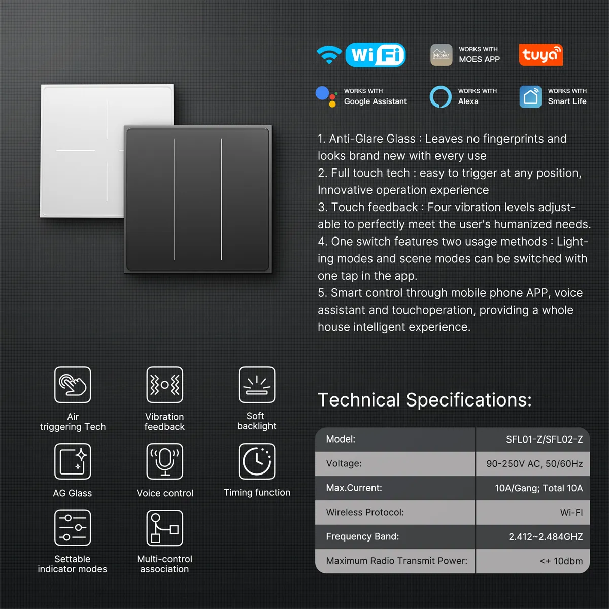 MOES Tuya WiFi Star Feather Series Smart Touch Switch With Neutral Light Scene 1-4 Gang 2in1 APP Remote Control Voice Control with Alexa Google Home MOES Tuya WiFi Star Feather Series Smart Touch Switch With Neutral Light Scene 1-4 Gang 2in1 APP Remote Control Voice Control with Alexa Google Home