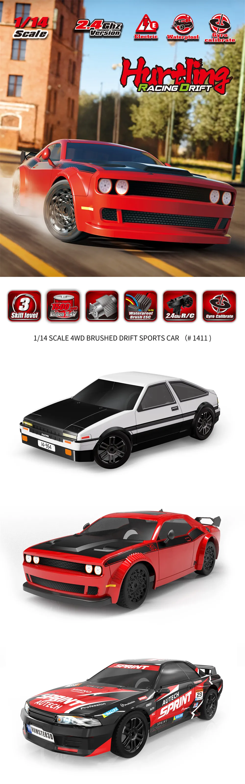 Remo Hobby 1411 RTR 1/14 2.4G 4WD 40km/h Drift Sports RC Car Gyro On-Road LED Light Flat Run Racing High Speed Vehicles Models Radio Control Toys