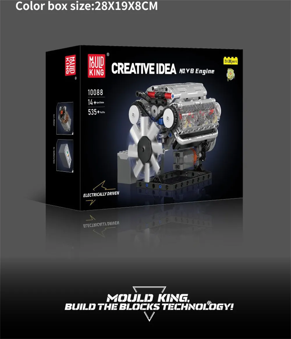 Mould King 10088 Technical Car Building Block MOC Motorized V8 Engine Model Brick Assembly Kit 535+PCS Excellent STEAM Science Education Discovery Toys Children Gifts