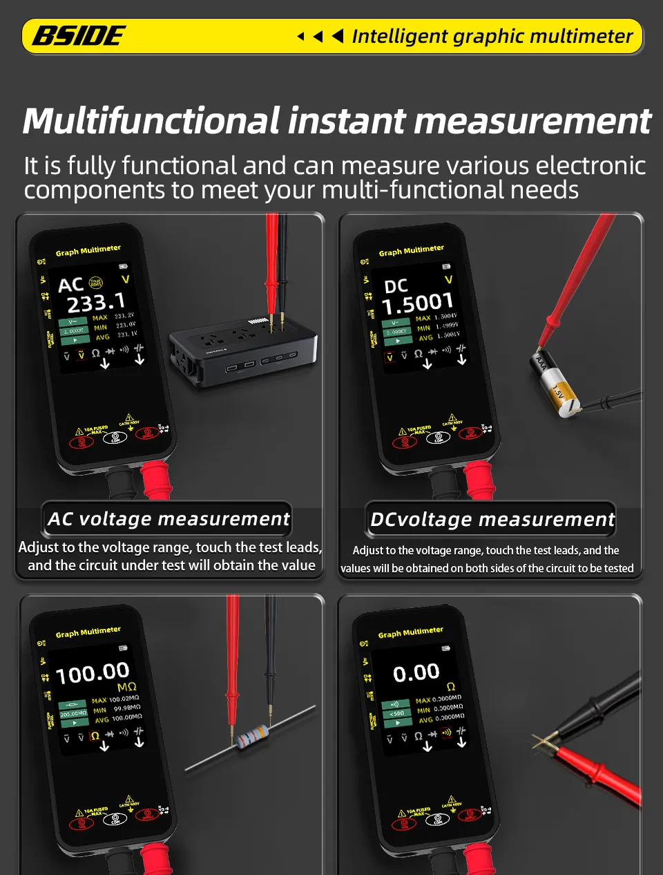 BSIDE S500 Smart Graphic Multimeter 3.2 Inch TFT Screen 1000V DC AC Voltage 10A Current High Precision Portable Tester Electric Measurement Tool BSIDE S500 Smart Graphic Multimeter 3.2 Inch TFT Screen 1000V DC AC Voltage 10A Current High Precision Portable Tester Electric Measurement Tool