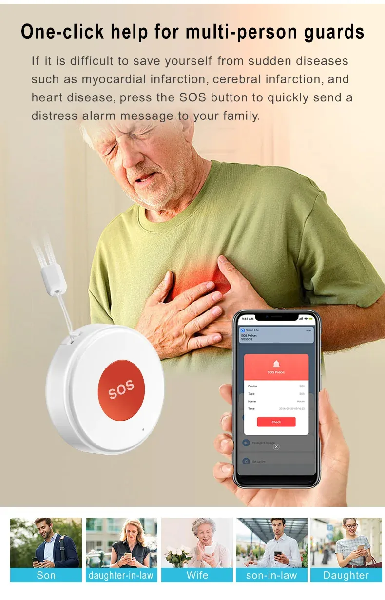 Tuya WiFi Smart SOS Call Button Wireless Caregiver Pager Phone Alert Transmitter Emergency Call Button for Kids Elderly Patient