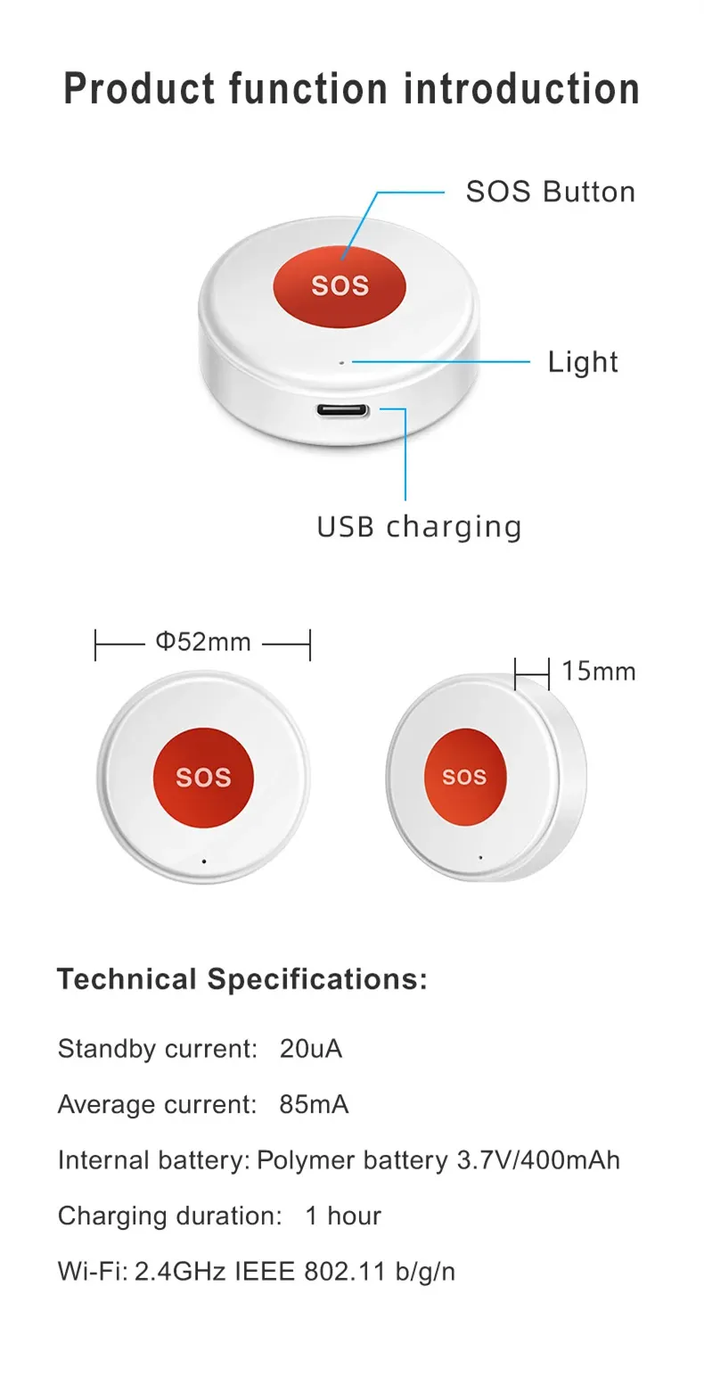 Tuya WiFi Smart SOS Call Button Wireless Caregiver Pager Phone Alert Transmitter Emergency Call Button for Kids Elderly Patient