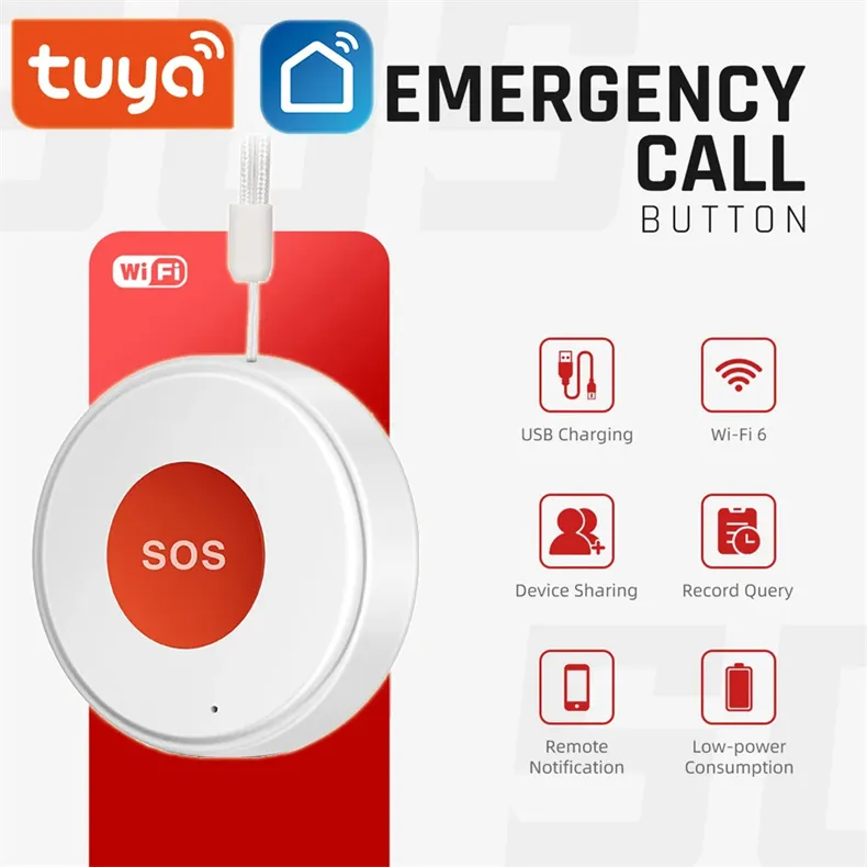 Tuya WiFi Smart SOS Call Button Wireless Caregiver Pager Phone Alert Transmitter Emergency Call Button for Kids Elderly Patient