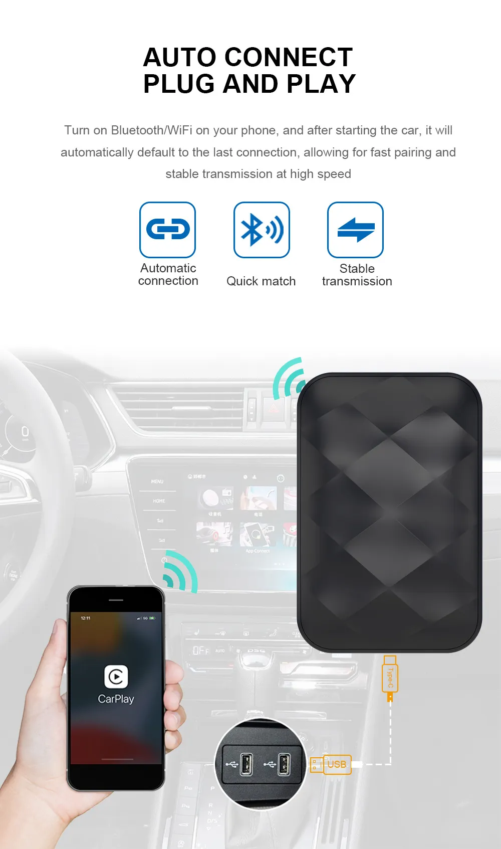 3-IN-1 Wireless Android14 Carplay Android Auto Adapter Upgrade Plug&Play For Youtube Netflix Dongle Wireless Car AI TV BOX