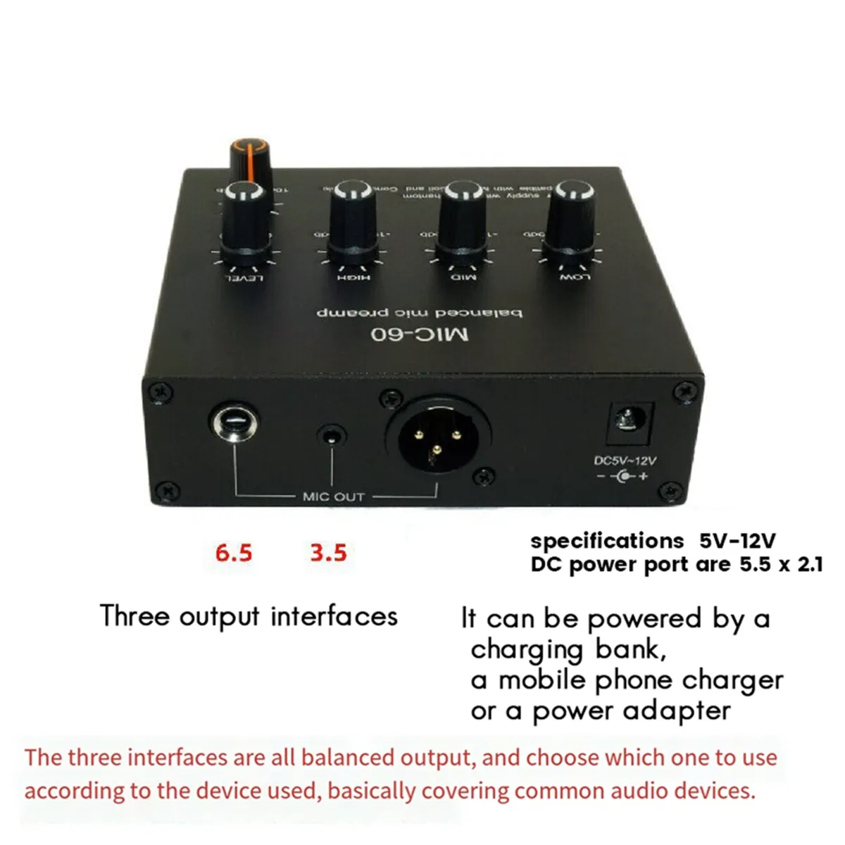 MIC-60 Balanced Mic Preamplifier Condenser Moving Coil Microphone Amplifier 48V Phantom Power 60dB Gain Low Cut Three Band Equalizer with USB and XLR Cable