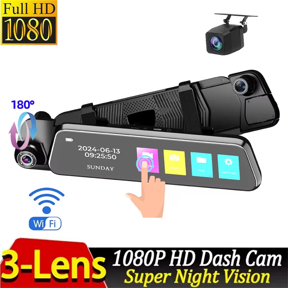 9.66 Inch Car Dash Camera Three-Way Recording 1080P Front 720P Interior 720P Rear Wide Angle WiFi G-Sensor 128GB Support H.264 Video Compression 9.66 Inch Car Dash Camera Three-Way Recording 1080P Front 720P Interior 720P Rear Wide Angle WiFi G-Sensor 128GB Support H.264 Video Compression
