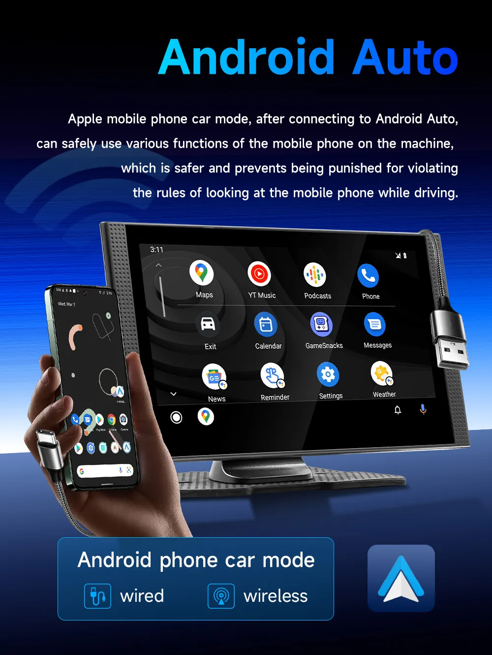 7 Inch Touch Display Portable Wireless CarPlay Android Auto MP5 Screen Model Bluetooth 5.0 1024x600 Type C Power Input Reversing Image Support Audio Video Compatibility 7 Inch Touch Display Portable Wireless CarPlay Android Auto MP5 Screen Model Bluetooth 5.0 1024x600 Type C Power Input Reversing Image Support Audio Video Compatibility
