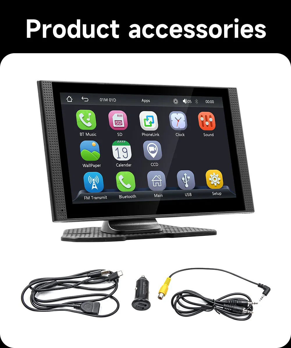 7 Inch Touch Display Portable Wireless CarPlay Android Auto MP5 Screen Model Bluetooth 5.0 1024x600 Type C Power Input Reversing Image Support Audio Video Compatibility 7 Inch Touch Display Portable Wireless CarPlay Android Auto MP5 Screen Model Bluetooth 5.0 1024x600 Type C Power Input Reversing Image Support Audio Video Compatibility