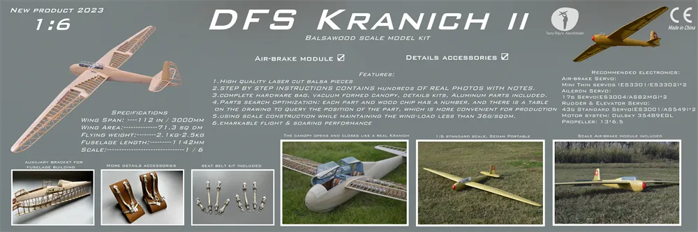 Tony Ray's Aero Model DFS Kranich 3000mm Wingspan 1/6 Scale Balsawood RC Airplane Glider KIT Tony Ray's Aero Model DFS Kranich 3000mm Wingspan 1/6 Scale Balsawood RC Airplane Glider KIT