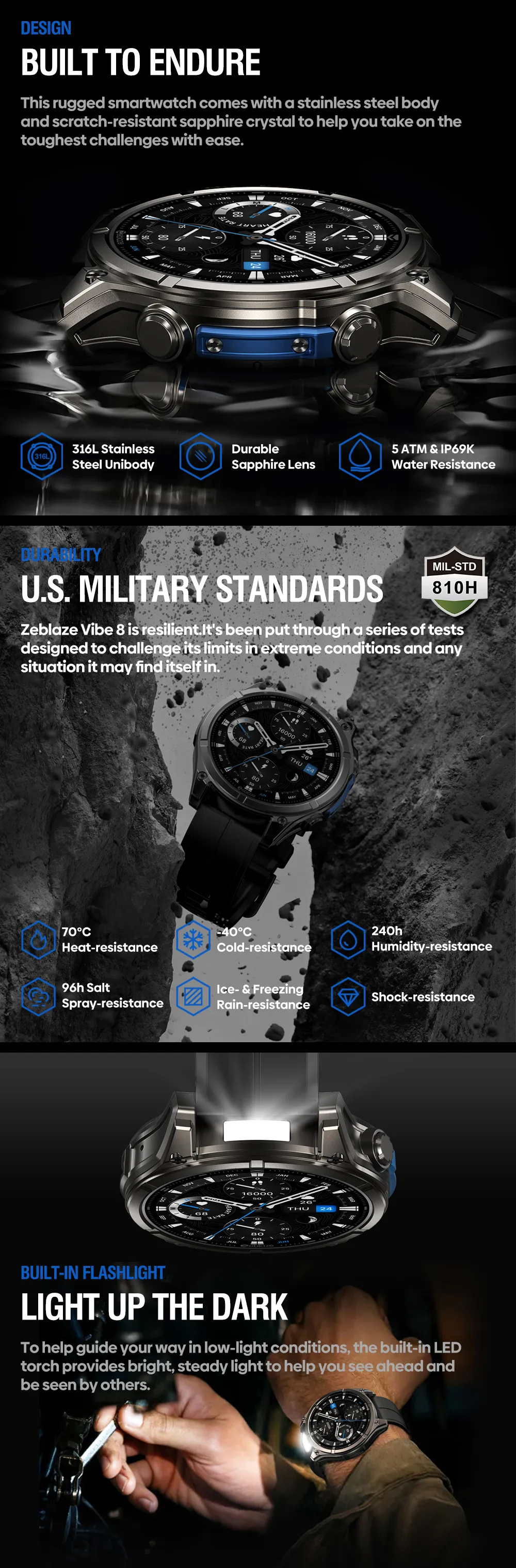 [World Premiere]Zeblaze Vibe 8 1.43-inch AMOLED 818H SapphireLens Built-in LED Flashlight 60 Days Battery Life 5ATM&IP69K Waterproof bluetooth Call Heart Rate Blood Pressure Blood Oxygen Monitor Sleep Monitoring Multi-sport Modes Smart Watch