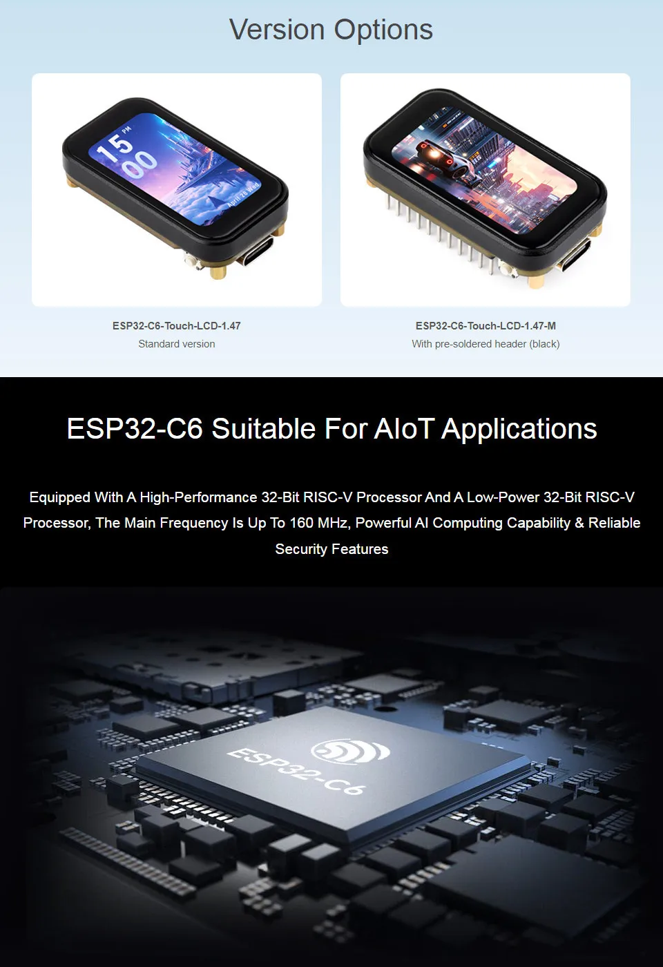 ESP32-C6 1.47 inch Touch Display Development Board 172×320 262K Display Color Supports Wi-Fi 6 / BLE 5 160MHz RISC-V Processor ESP32-C6 1.47 inch Touch Display Development Board 172×320 262K Display Color Supports Wi-Fi 6 / BLE 5 160MHz RISC-V Processor