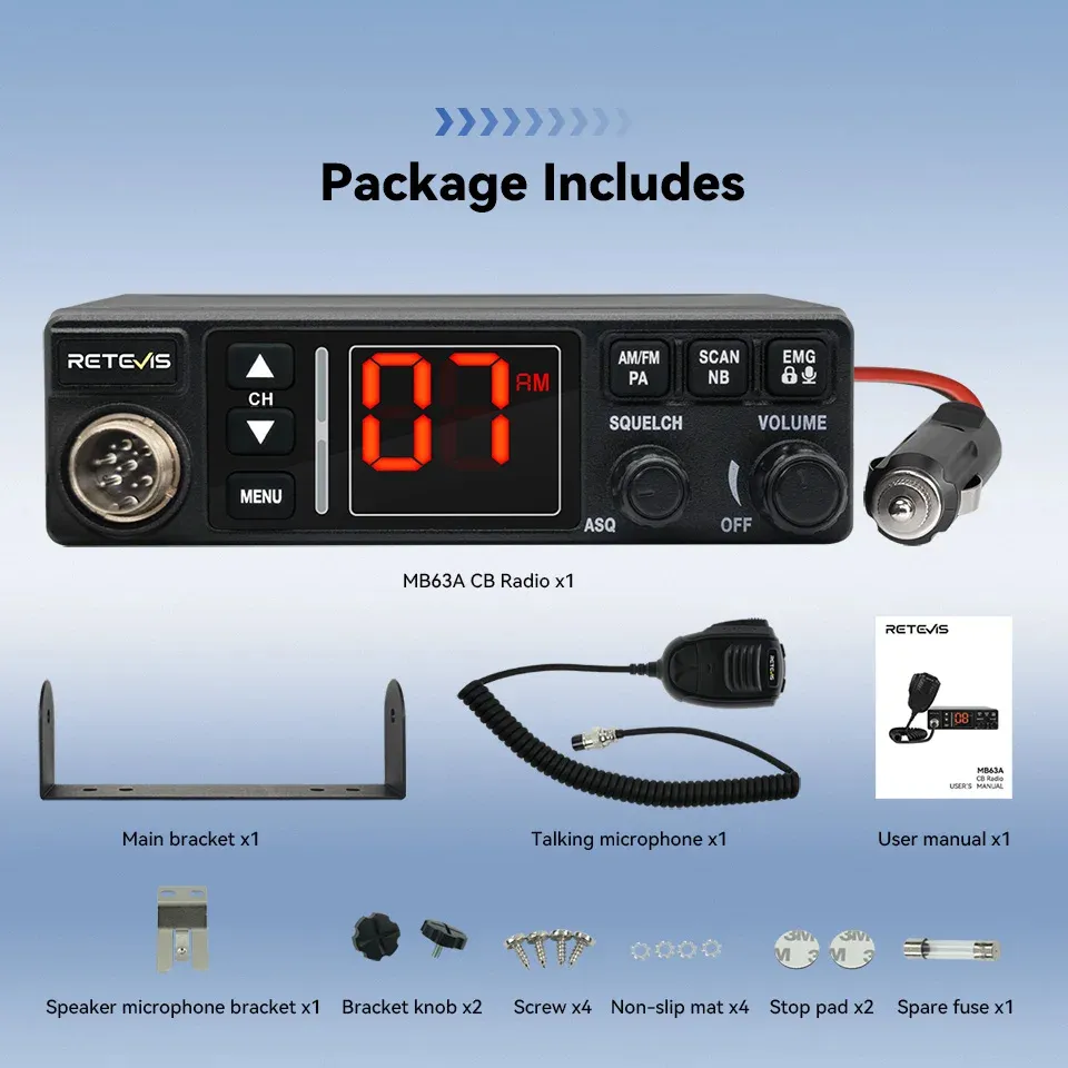 Retevis MB63A CB Car Radio 12/24V Power AMFM 40 Channels Emergency 9/19 Long Range Professional Communicator Compact Mobile Radio Station Retevis MB63A CB Car Radio 12/24V Power AMFM 40 Channels Emergency 9/19 Long Range Professional Communicator Compact Mobile Radio Station