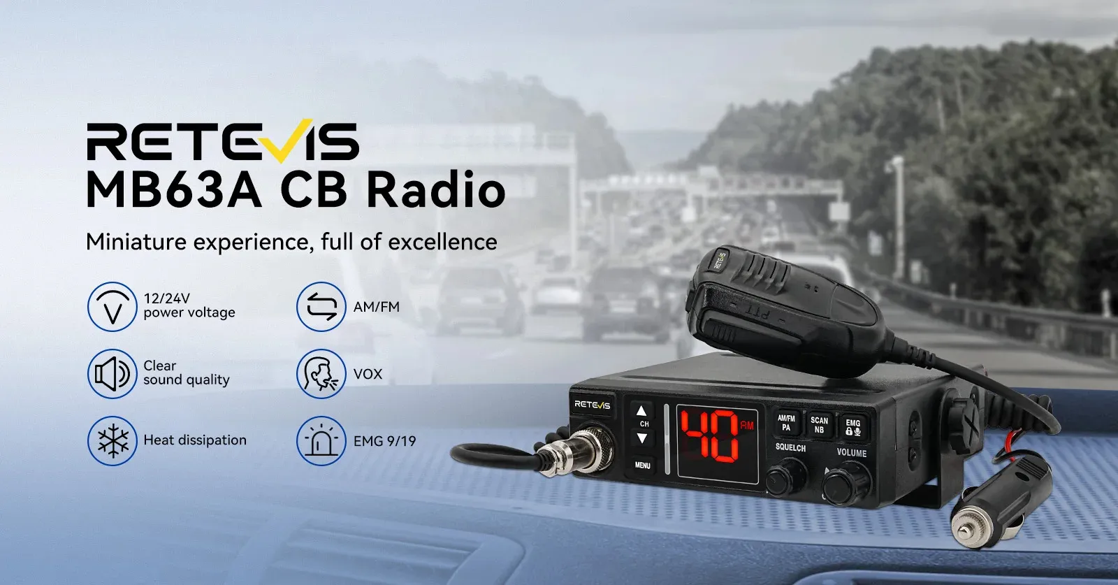 Retevis MB63A CB Car Radio 12/24V Power AMFM 40 Channels Emergency 9/19 Long Range Professional Communicator Compact Mobile Radio Station Retevis MB63A CB Car Radio 12/24V Power AMFM 40 Channels Emergency 9/19 Long Range Professional Communicator Compact Mobile Radio Station