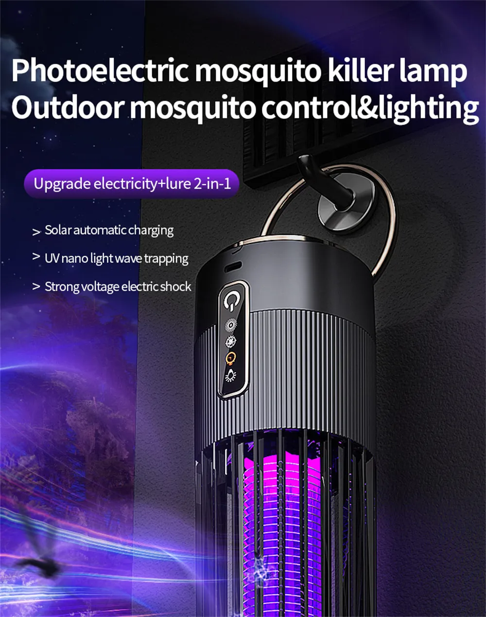 2 in 1 Solar Powered Mosquito Killer Lamp LED Lighting 1200mAh Lithium Battery 2500V High-voltage Efficient Bug Zapper Outdoor Camping Night Light 2 in 1 Solar Powered Mosquito Killer Lamp LED Lighting 1200mAh Lithium Battery 2500V High-voltage Efficient Bug Zapper Outdoor Camping Night Light