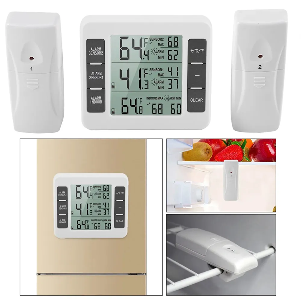 Home Indoor Wireless Digital Audible Alarm Refrigerator Thermometer with 2PCS Sensor Min/Maximum Display Home Indoor Wireless Digital Audible Alarm Refrigerator Thermometer with 2PCS Sensor Min/Maximum Display
