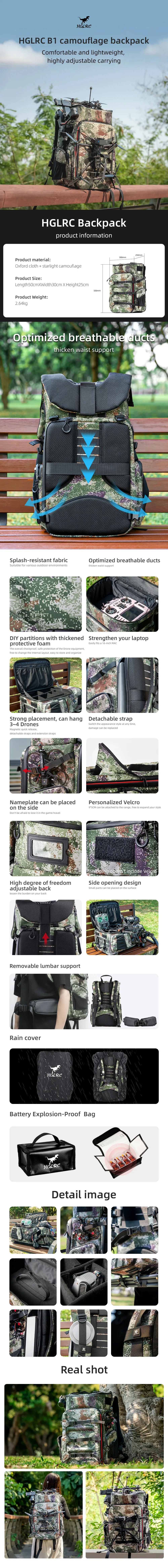 HGLRC B1 33.5L Waterproof Camouflage Outdoor Travel Backpack Set for RC FPV Racing Drone Quadcopter