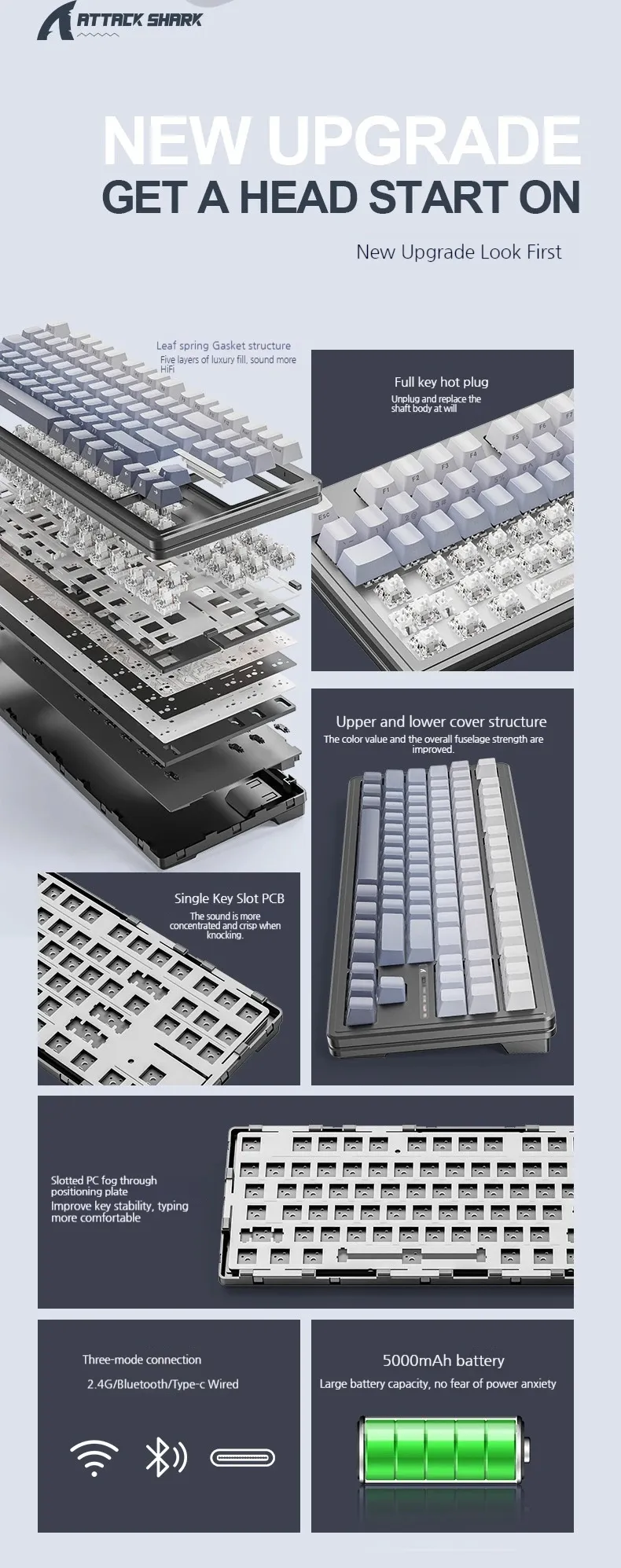 Attack Shark M87prov2 Tri-Mode Mechanical Keyboard RGB Hot-swap Gasket Structure White Jade Switch 5000mAh Battery PBT Keycaps Side Engraved Custom Gaming Keyboard Peripherals Attack Shark M87prov2 Tri-Mode Mechanical Keyboard RGB Hot-swap Gasket Structure White Jade Switch 5000mAh Battery PBT Keycaps Side Engraved Custom Gaming Keyboard Peripherals