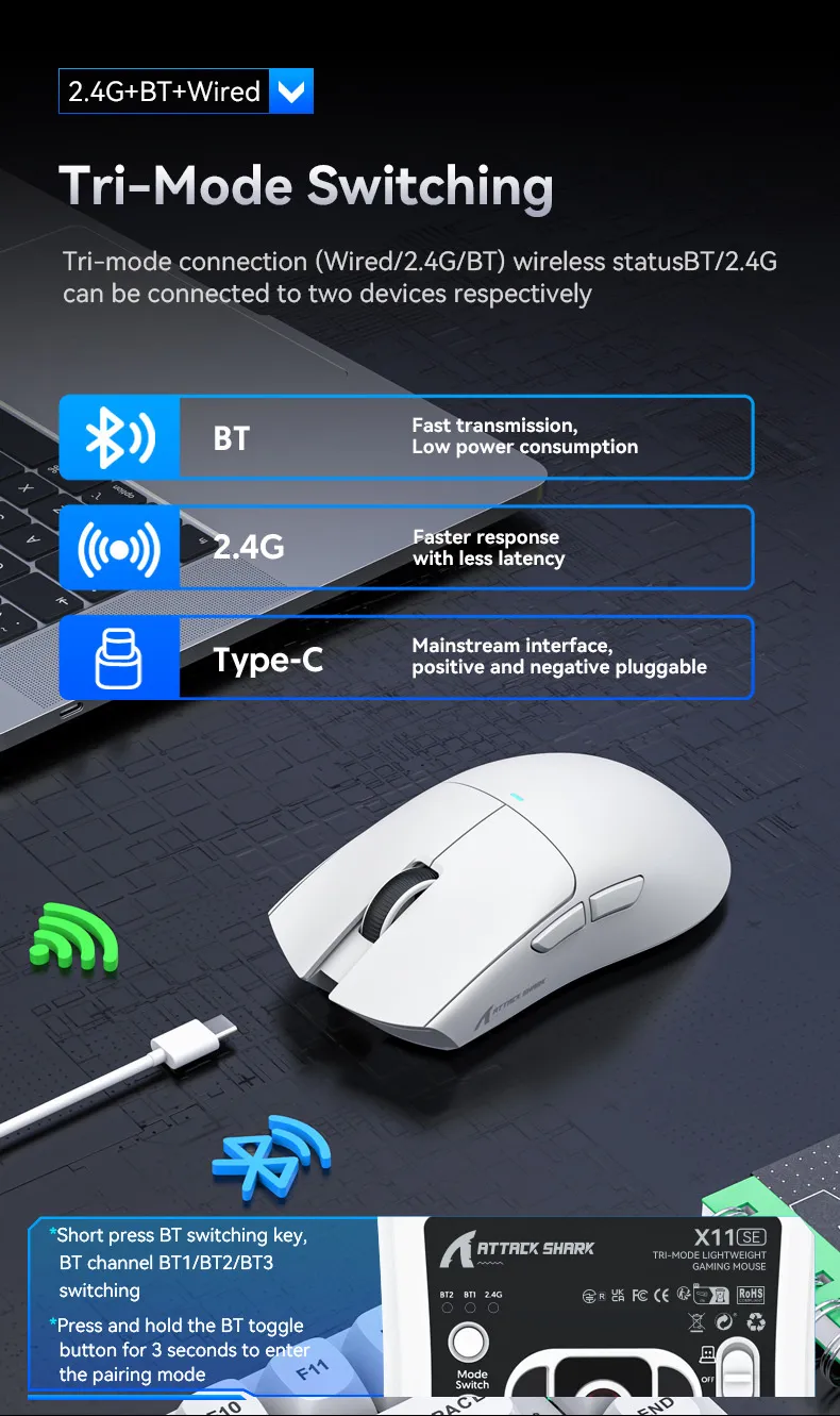 Attack Shark X11SE Three-mode Gaming Mouse 2.4G/bluetooth/Type-C PAW3311 Mouse 22000DPI 63g Lightweight Gamer Mice Attack Shark X11SE Three-mode Gaming Mouse 2.4G/bluetooth/Type-C PAW3311 Mouse 22000DPI 63g Lightweight Gamer Mice