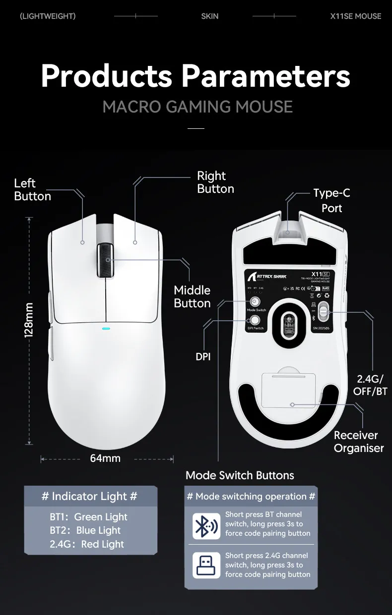 Attack Shark X11SE Three-mode Gaming Mouse 2.4G/bluetooth/Type-C PAW3311 Mouse 22000DPI 63g Lightweight Gamer Mice Attack Shark X11SE Three-mode Gaming Mouse 2.4G/bluetooth/Type-C PAW3311 Mouse 22000DPI 63g Lightweight Gamer Mice