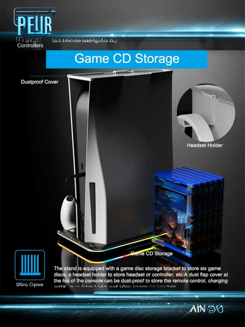 PS5 Gaming Console Cooling Stand Dual Charging Dock With RGB Lights Disk Slot And Controller Holder PS5 Gaming Console Cooling Stand Dual Charging Dock With RGB Lights Disk Slot And Controller Holder