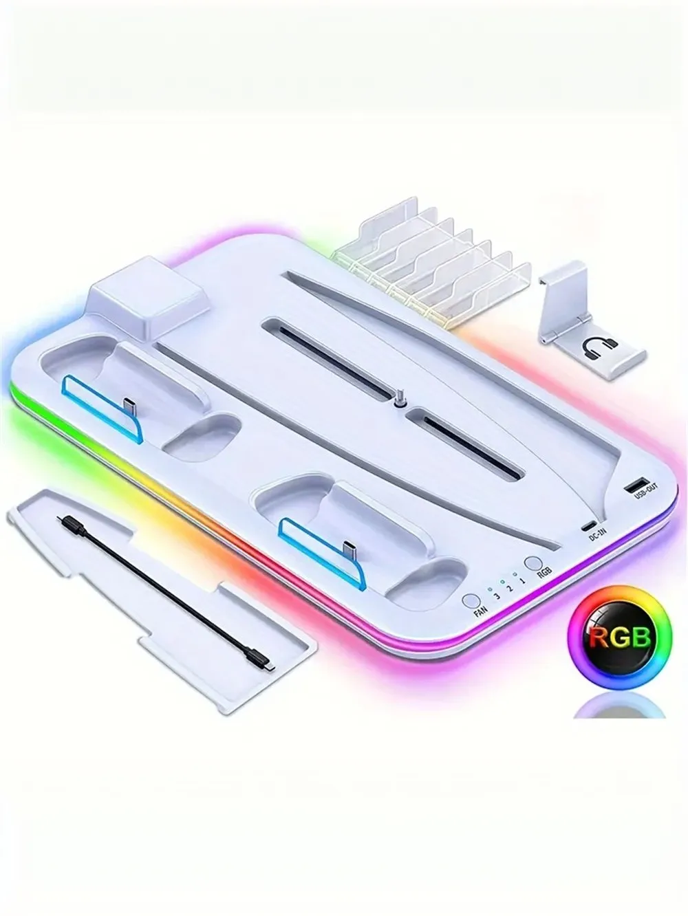 PS5 Gaming Console Cooling Stand Dual Charging Dock With RGB Lights Disk Slot And Controller Holder PS5 Gaming Console Cooling Stand Dual Charging Dock With RGB Lights Disk Slot And Controller Holder