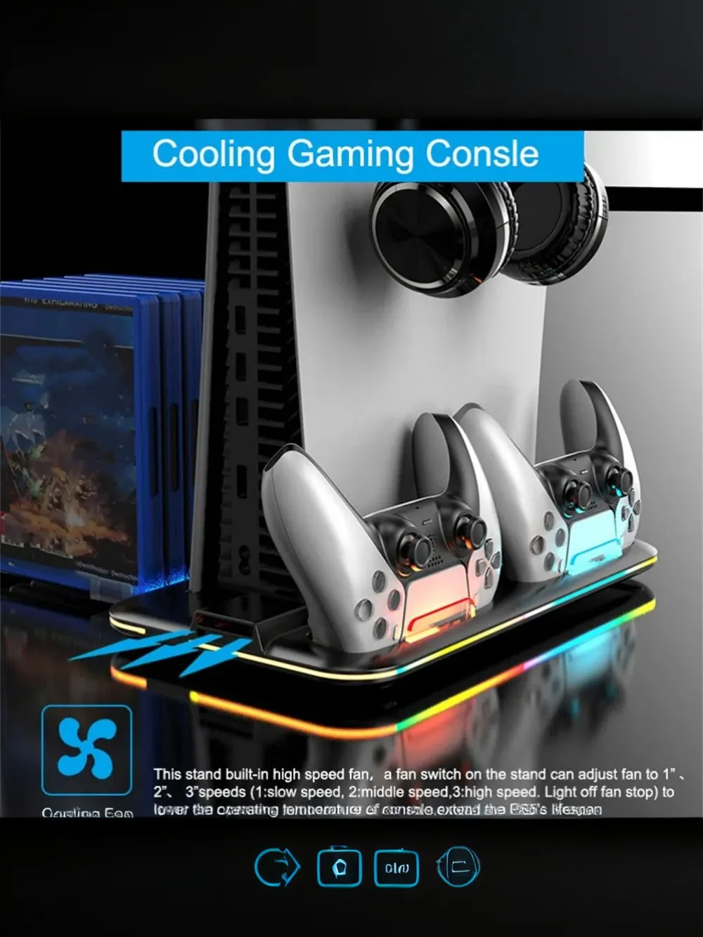 PS5 Gaming Console Cooling Stand Dual Charging Dock With RGB Lights Disk Slot And Controller Holder PS5 Gaming Console Cooling Stand Dual Charging Dock With RGB Lights Disk Slot And Controller Holder