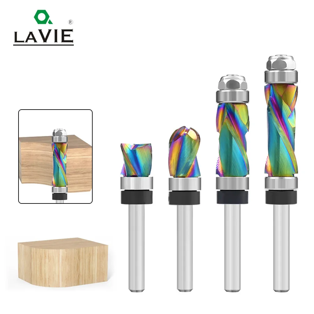LAVIE 1/4 Inch 6.35mm Shank Nano Coated Spiral Compression Flush Trim Router Bit Top & Bottom Bearing Milling Cutter for Wood MDF Decorative Panels